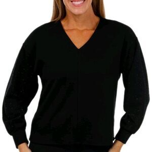 Badgley Mischka Black Drop Shoulder Top LS  Rhinestone Sleeve ‎ Womens Small NWT